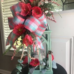 Teal Lantern with flickering candle and coordinating swag